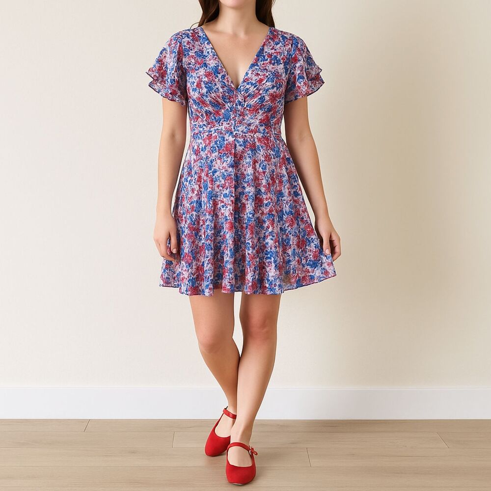 NWT Japna Americana Floral Ruffled Flutter Sleeve Mini Dress Red Blue Size Large